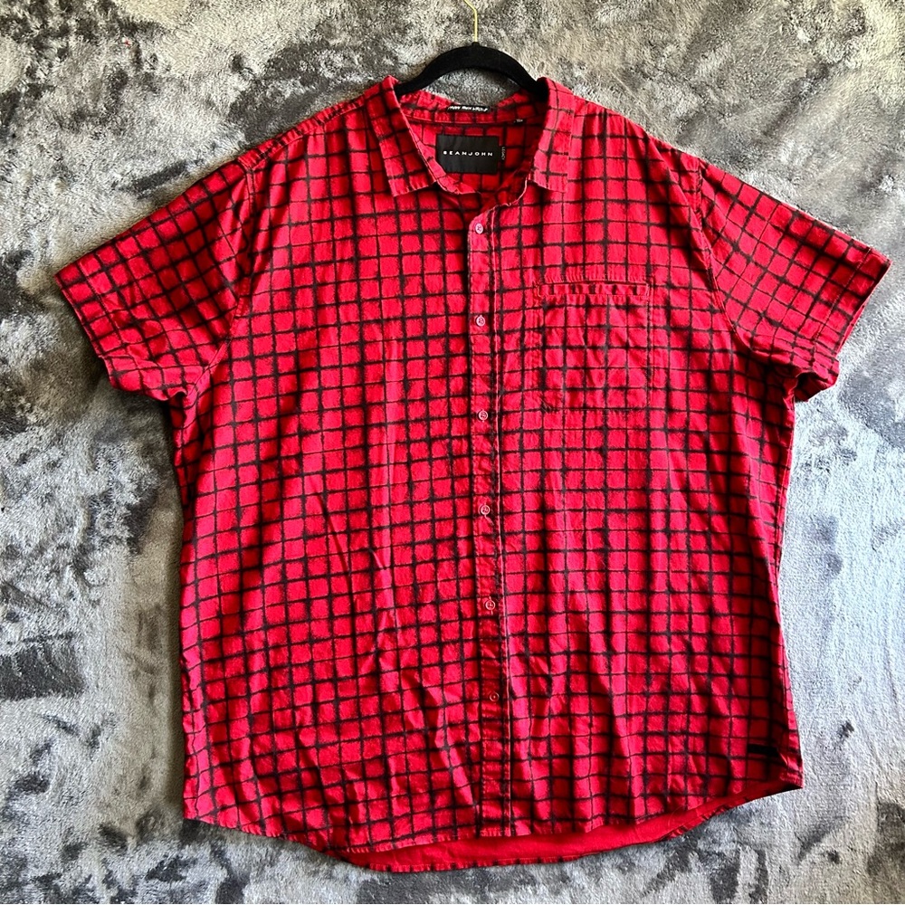 Sean John Legacy‎ Button-Up Shirt Men 4XL Short Sleeve Linen Blend Red Black